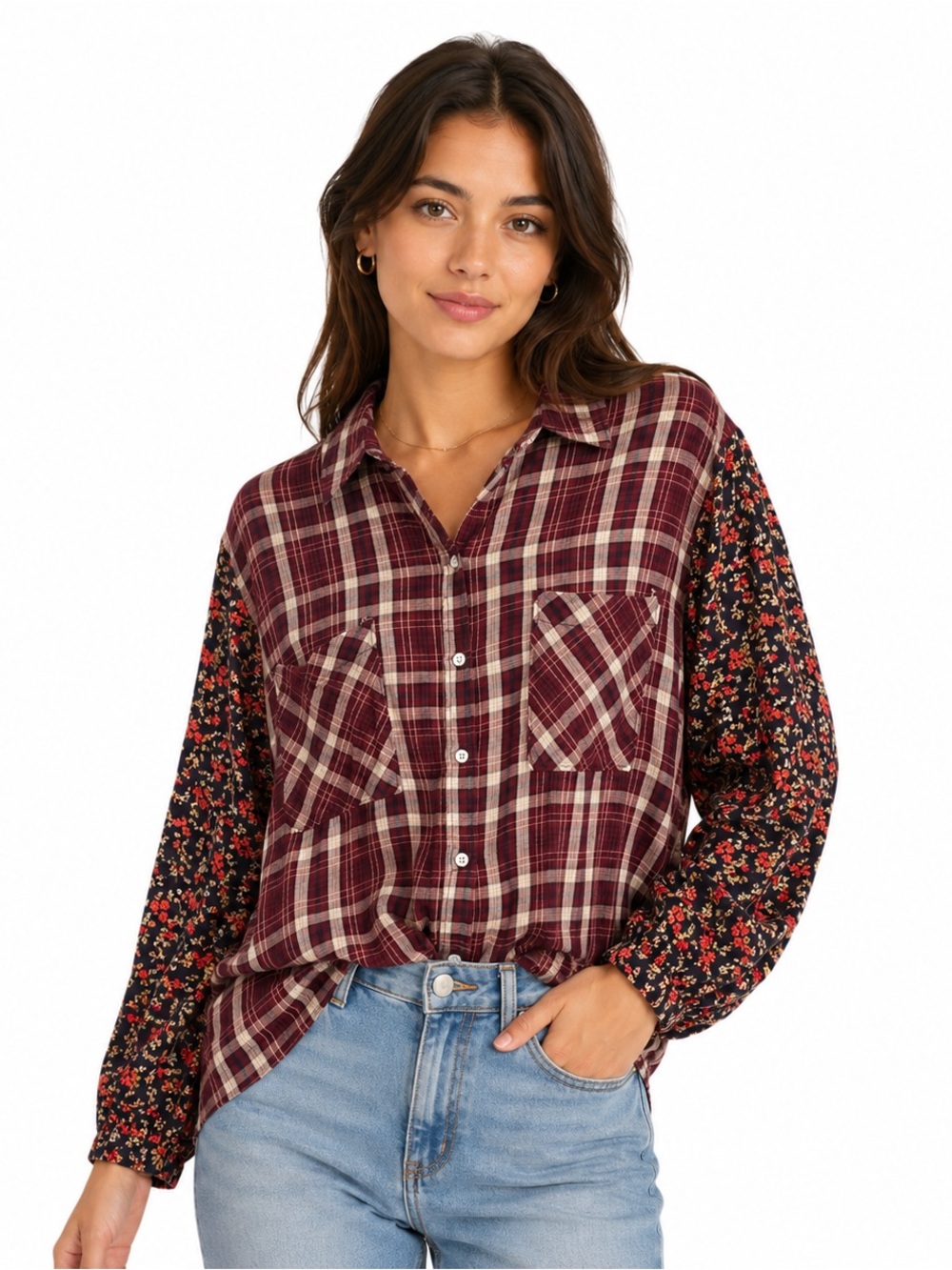 Aeropostale x Bethany Mota Burgundy Plaid Floral Mixed-Print Button-Up Shirt